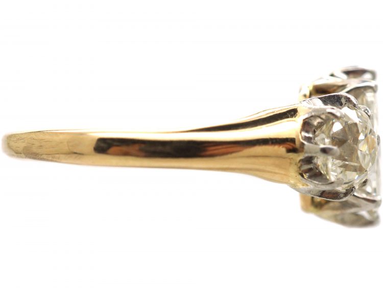 Edwardian 18ct Gold & Platinum Large Three Stone Old Mine Cut Diamond Ring