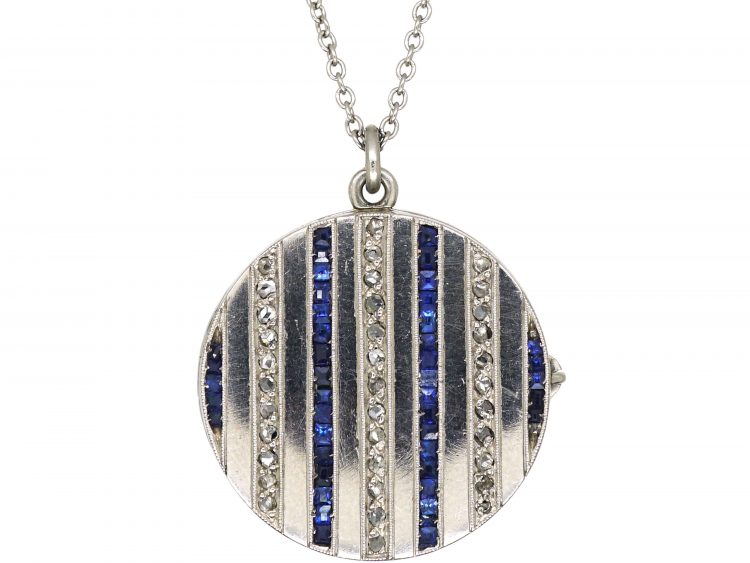 Art Deco Round Platinum Locket set with Rose Diamonds & Sapphires on Platinum Chain