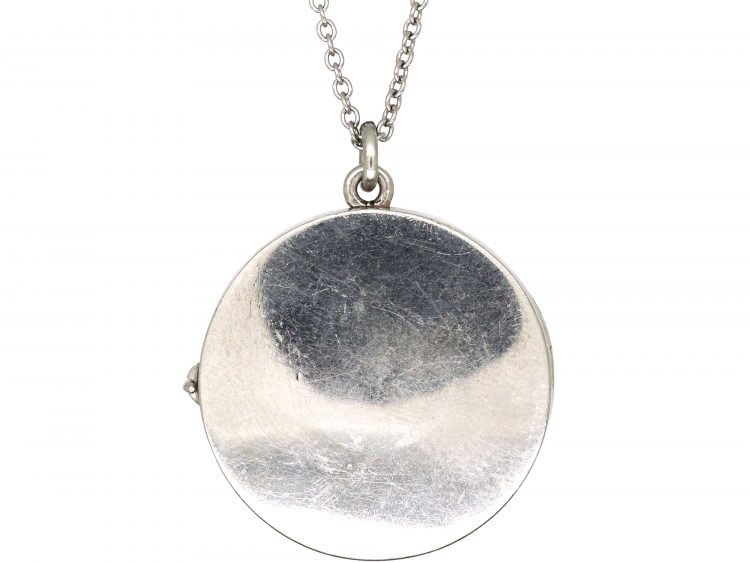 Art Deco Round Platinum Locket set with Rose Diamonds & Sapphires on Platinum Chain