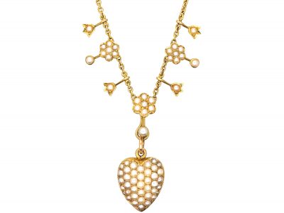 Edwardian 15ct Gold Necklace with Flowers & Heart set with Natural Split Pearls