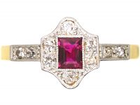 Art Deco 18ct Gold & Platinum, Ruby & Diamond Hexagonal Shaped Ring