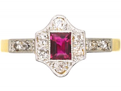 Art Deco 18ct Gold & Platinum, Ruby & Diamond Hexagonal Shaped Ring