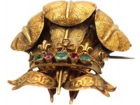 Victorian 15ct Gold Prince of Wales Feathers Brooch set with Rubies & Emeralds