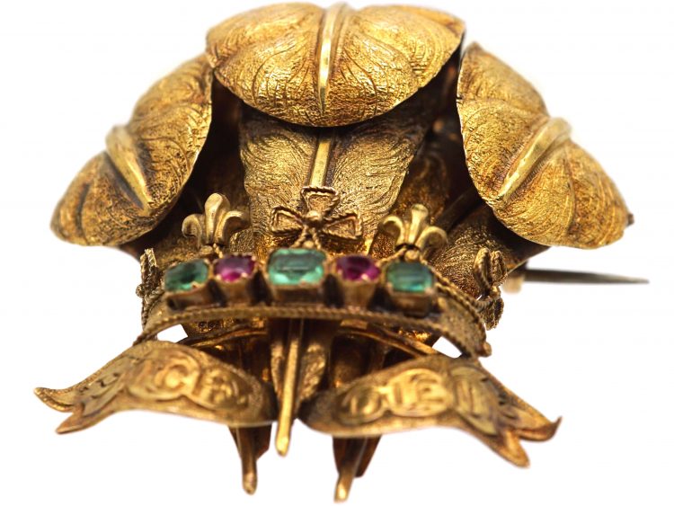Victorian 15ct Gold Prince of Wales Feathers Brooch set with Rubies & Emeralds