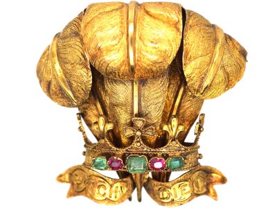 Victorian 15ct Gold Prince of Wales Feathers Brooch set with Rubies & Emeralds