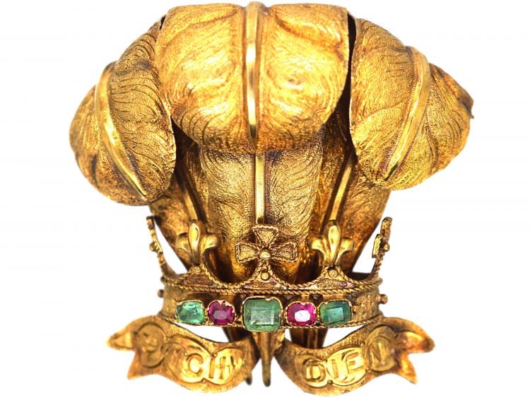 Victorian 15ct Gold Prince of Wales Feathers Brooch set with Rubies & Emeralds