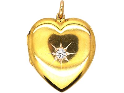 Edwardian Large 15ct Gold Heart Shaped Locket set with a Diamond