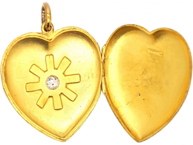 Edwardian Large 15ct Gold Heart Shaped Locket set with a Diamond