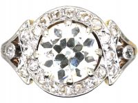 French Art Nouveau 18ct Gold & Platinum, Large Solitaire Diamond Ring with Ornate Rose Diamond Detail