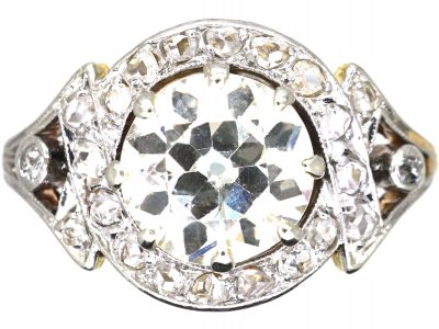 French Art Nouveau 18ct Gold & Platinum, Large Solitaire Diamond Ring with Ornate Rose Diamond Detail
