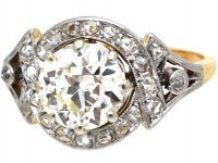 French Art Nouveau 18ct Gold & Platinum, Large Solitaire Diamond Ring with Ornate Rose Diamond Detail