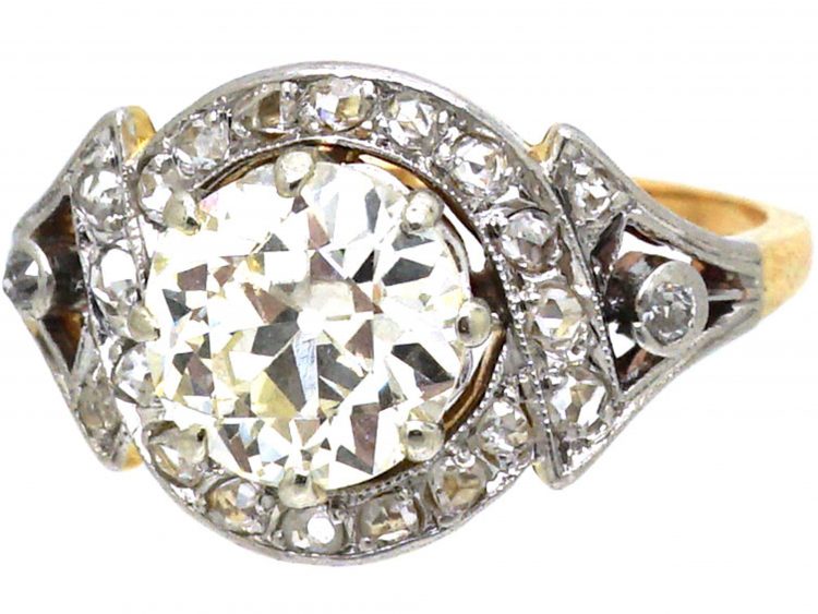 French Art Nouveau 18ct Gold & Platinum, Large Solitaire Diamond Ring with Ornate Rose Diamond Detail