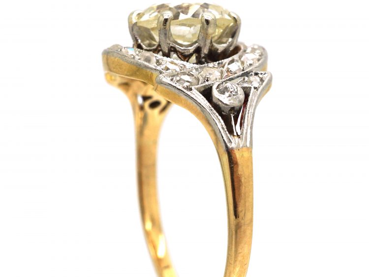 French Art Nouveau 18ct Gold & Platinum, Large Solitaire Diamond Ring with Ornate Rose Diamond Detail