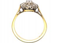 Early 20th Century 18ct Gold & Platinum, Old Mine Cut Diamond Cluster Ring with Baguette Diamonds on Either Side