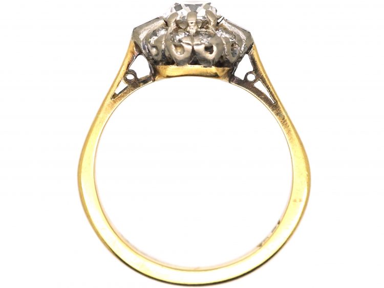 Early 20th Century 18ct Gold & Platinum, Old Mine Cut Diamond Cluster Ring with Baguette Diamonds on Either Side