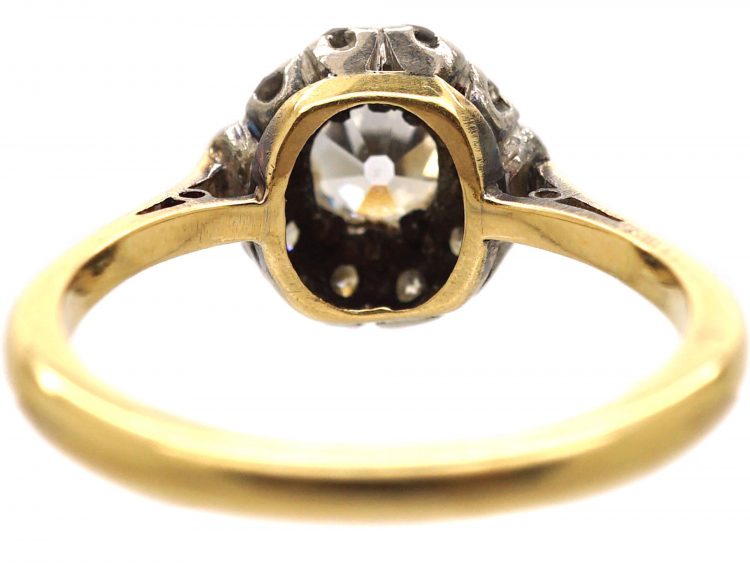 Early 20th Century 18ct Gold & Platinum, Old Mine Cut Diamond Cluster Ring with Baguette Diamonds on Either Side