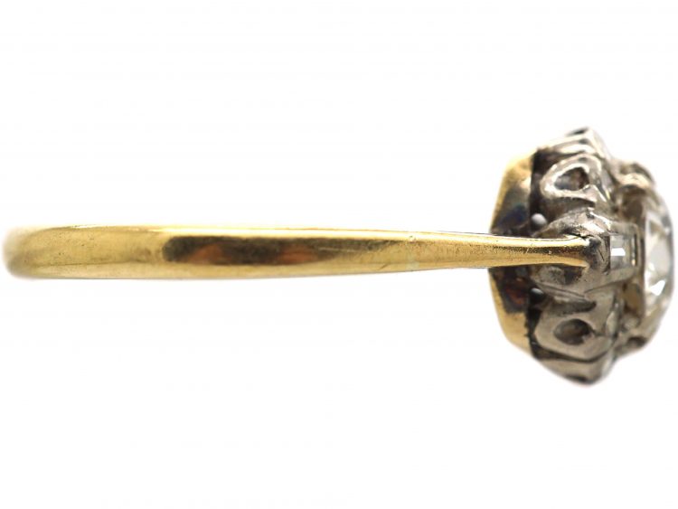 Early 20th Century 18ct Gold & Platinum, Old Mine Cut Diamond Cluster Ring with Baguette Diamonds on Either Side