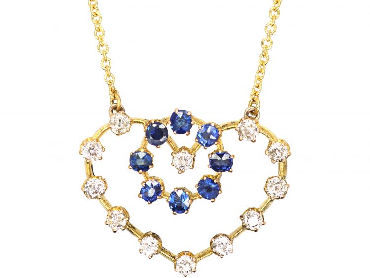 Edwardian 15ct Gold Sapphire & Diamond Heart Shaped Pendant on 9ct Gold Chain