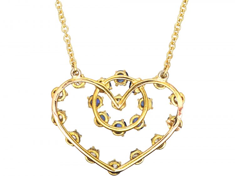 Edwardian 15ct Gold Sapphire & Diamond Heart Shaped Pendant on 9ct Gold Chain