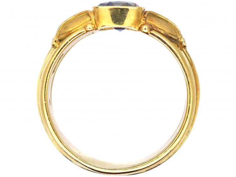 18ct Gold & Sapphire Ring with Raised Gold Motifs & Small Diamonds