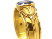 18ct Gold & Sapphire Ring with Raised Gold Motifs & Small Diamonds