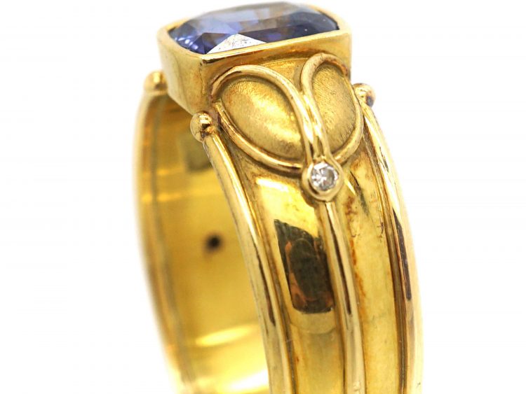 18ct Gold & Sapphire Ring with Raised Gold Motifs & Small Diamonds