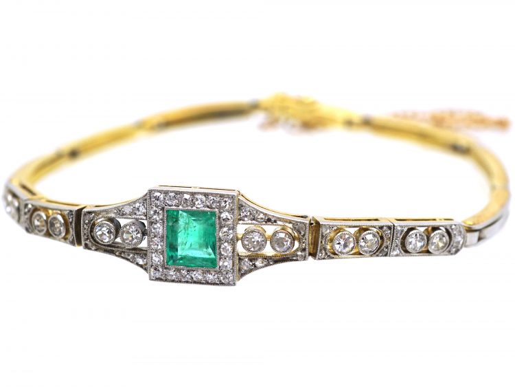 Art Deco 15ct Gold & Platinum Bracelet set with an Emerald & Diamonds
