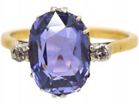 Art Deco 18ct Gold Unheated Ceylon Colour Change Sapphire Ring with Diamond Set Shoulders