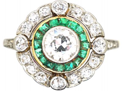 Art Deco 18ct Gold & Platinum, Diamond & Emerald Target Ring