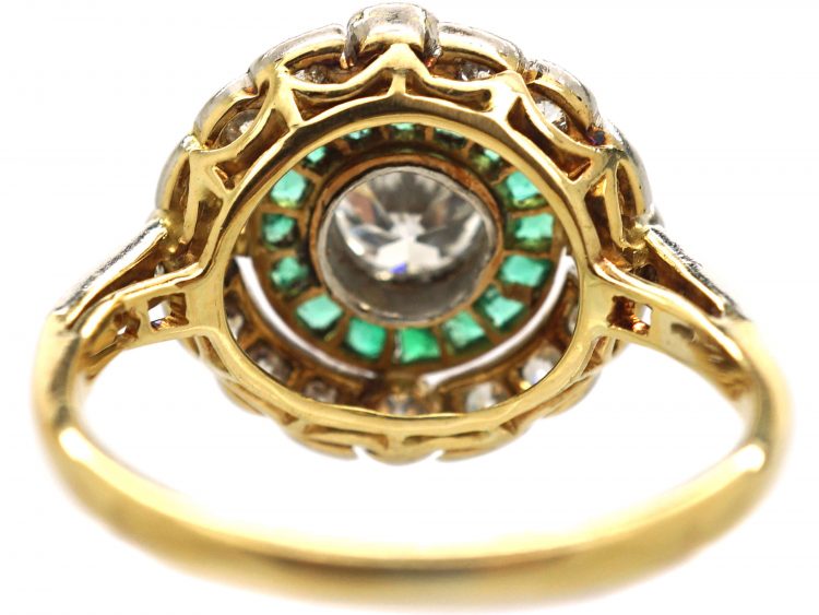 Art Deco 18ct Gold & Platinum, Diamond & Emerald Target Ring