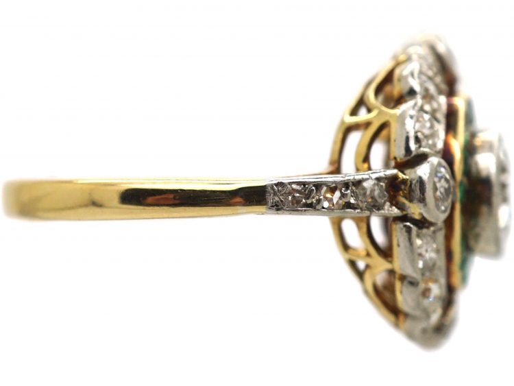 Art Deco 18ct Gold & Platinum, Diamond & Emerald Target Ring