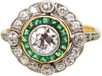 Art Deco 18ct Gold & Platinum, Diamond & Emerald Target Ring