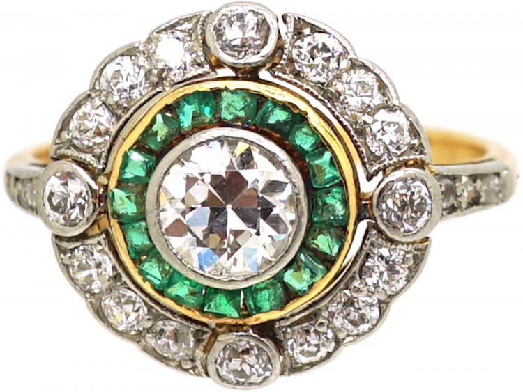 Art Deco 18ct Gold & Platinum, Diamond & Emerald Target Ring