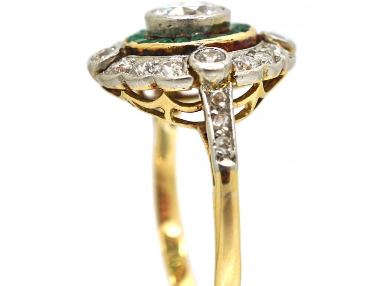 Art Deco 18ct Gold & Platinum, Diamond & Emerald Target Ring