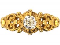 19th Century 18ct Gold & Old Mine Cut Diamond Solitaire Ring with Ornate Shoulders