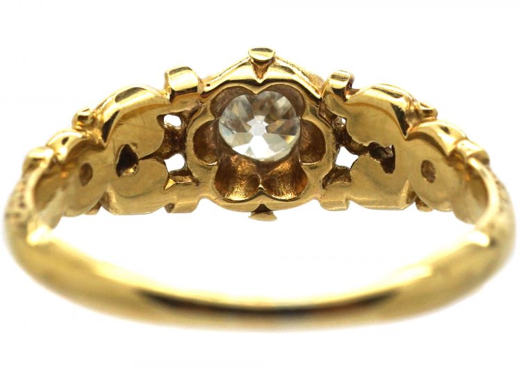 19th Century 18ct Gold & Old Mine Cut Diamond Solitaire Ring with Ornate Shoulders