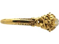 19th Century 18ct Gold & Old Mine Cut Diamond Solitaire Ring with Ornate Shoulders