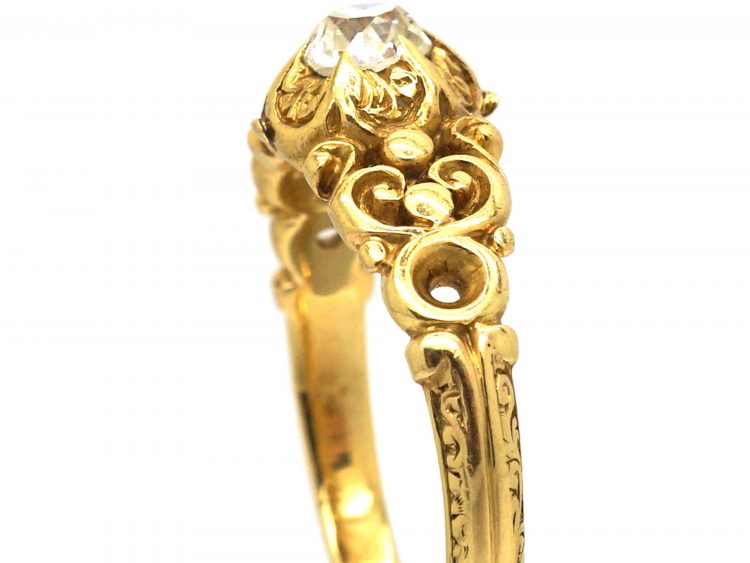 19th Century 18ct Gold & Old Mine Cut Diamond Solitaire Ring with Ornate Shoulders