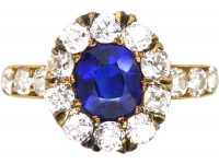 Victorian 18ct Gold Unheated Sapphire & Diamond Cluster Ring with Diamond Set Shoulders
