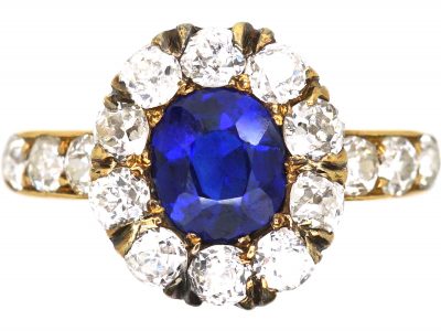 Victorian 18ct Gold Unheated Sapphire & Diamond Cluster Ring with Diamond Set Shoulders