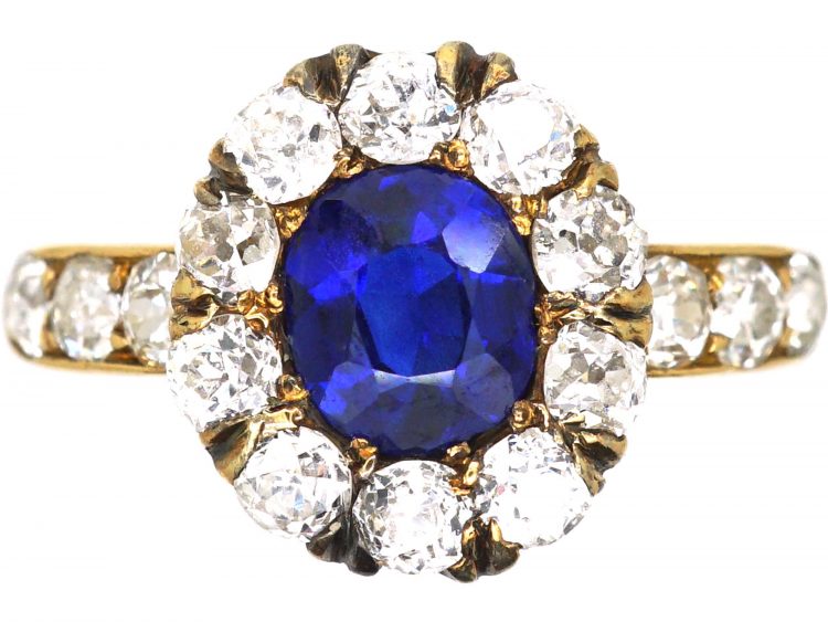 Victorian 18ct Gold Unheated Sapphire & Diamond Cluster Ring with Diamond Set Shoulders