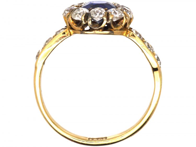 Victorian 18ct Gold Unheated Sapphire & Diamond Cluster Ring with Diamond Set Shoulders