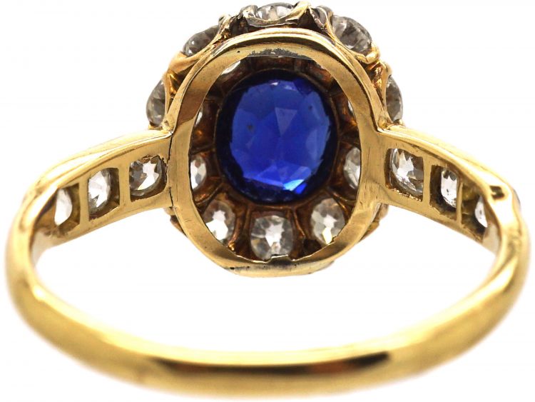 Victorian 18ct Gold Unheated Sapphire & Diamond Cluster Ring with Diamond Set Shoulders