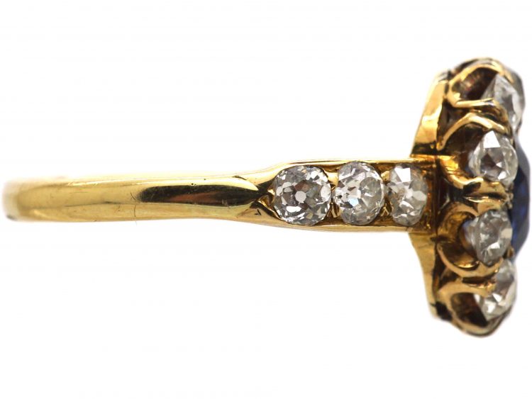 Victorian 18ct Gold Unheated Sapphire & Diamond Cluster Ring with Diamond Set Shoulders