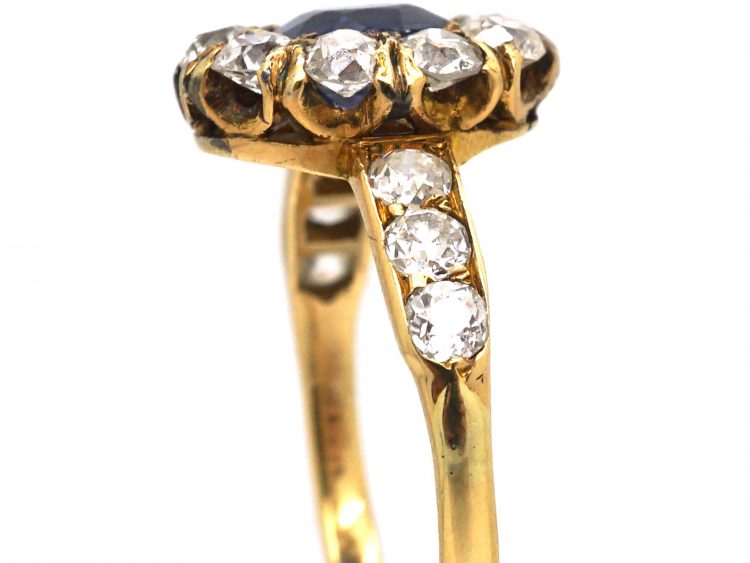 Victorian 18ct Gold Unheated Sapphire & Diamond Cluster Ring with Diamond Set Shoulders