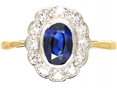 Edwardian 18ct gold & Platinum, Sapphire & Diamond Oval Cluster Ring