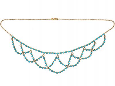 Edwardian 15ct Gold Festoon Necklace set with Turquoise & Natural Split Pearls