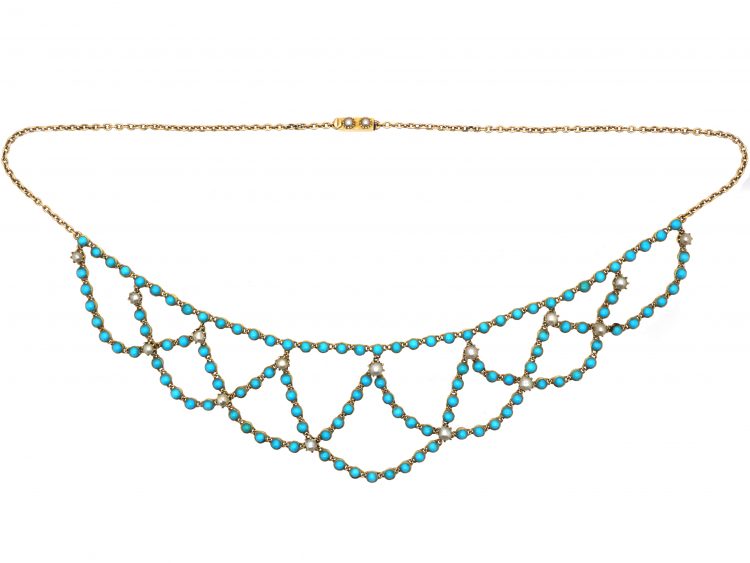 Edwardian 15ct Gold Festoon Necklace set with Turquoise & Natural Split Pearls