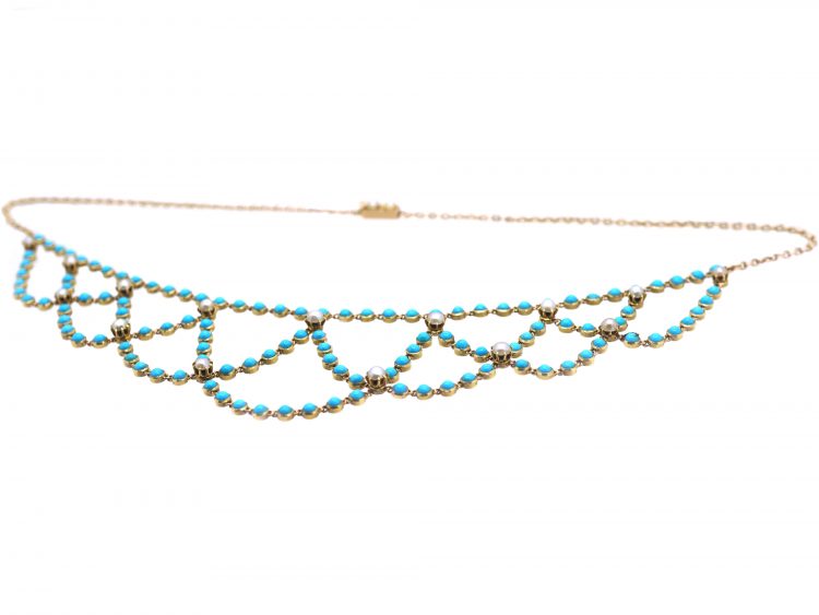 Edwardian 15ct Gold Festoon Necklace set with Turquoise & Natural Split Pearls