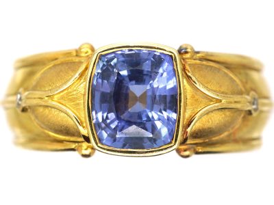 18ct Gold & Sapphire Ring with Raised Gold Motifs & Small Diamonds
